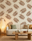 Acacia Scatter dainty leaf wallpaper in a warm and inviting living room