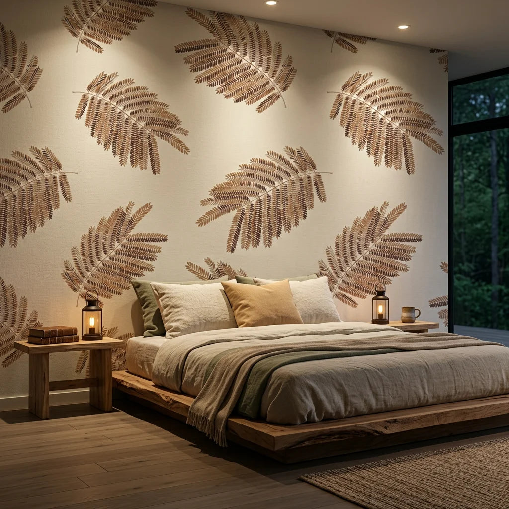 Acacia Scatter dainty leaf wallpaper adding character to a cozy bedroom