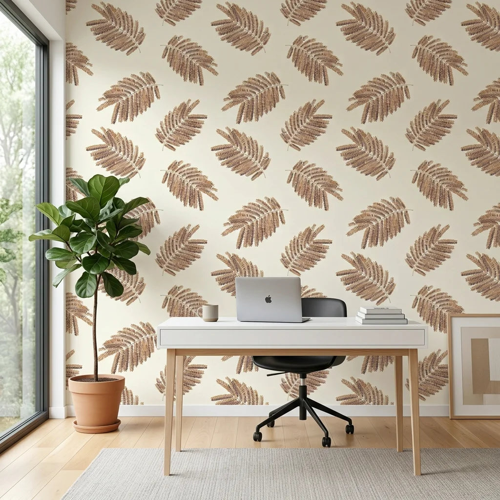 Acacia Scatter dainty leaf wallpaper as a feature wall in a bright home office