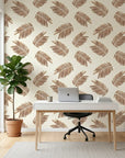 Acacia Scatter dainty leaf wallpaper as a feature wall in a bright home office