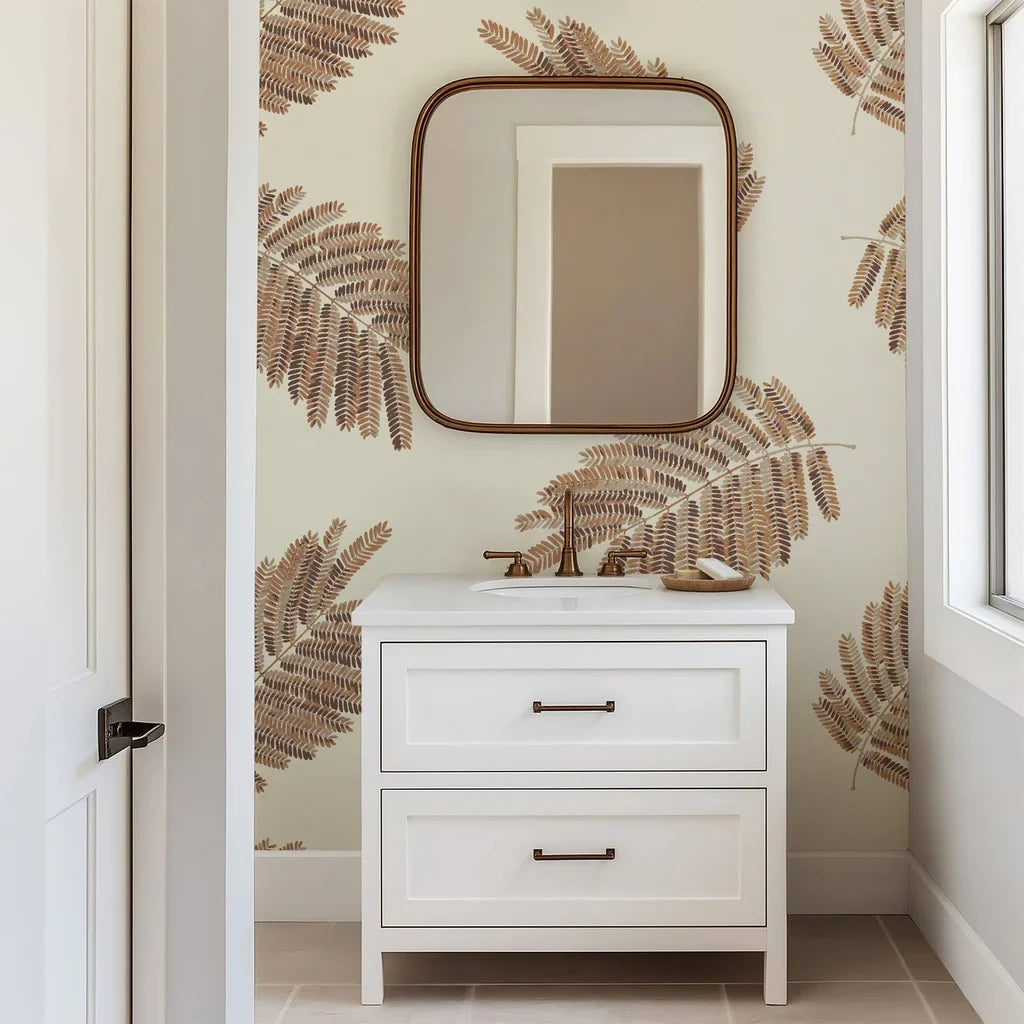 Refreshing and organic room decor featuring a white ground overlaid with a sparsely applied, green leaf design