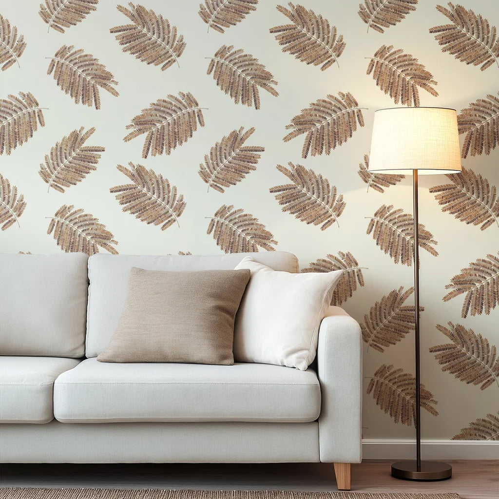 A lightly dispersed motif of green leaves set against a bright white background, ideal for an airy, natural interior