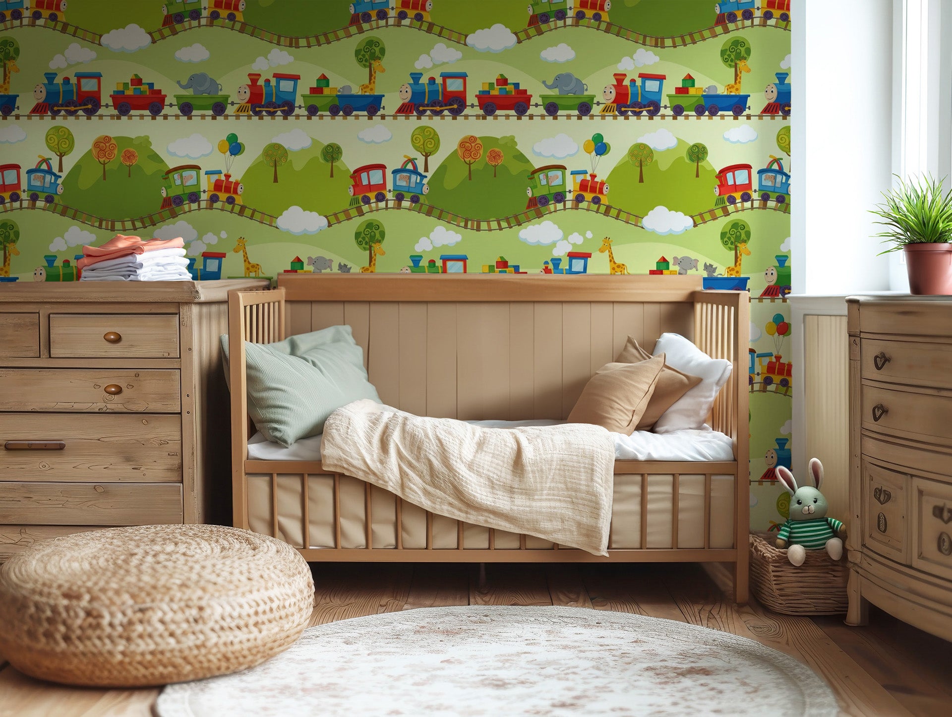 Cheerful cartoon landscape wallpaper featuring a colorful train traveling through rolling green hills.