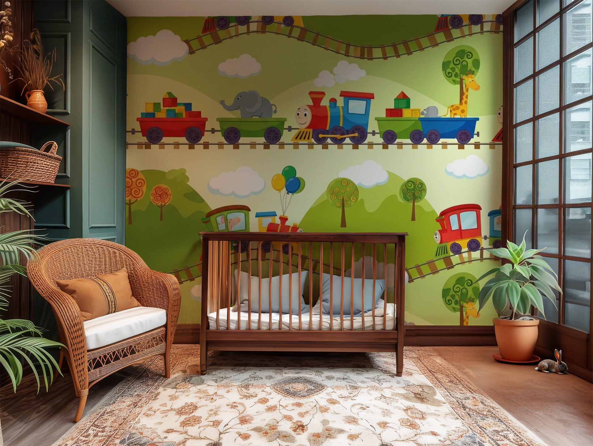 Nursery room with colorful wall mural, wooden crib, and wicker chair wallpaper