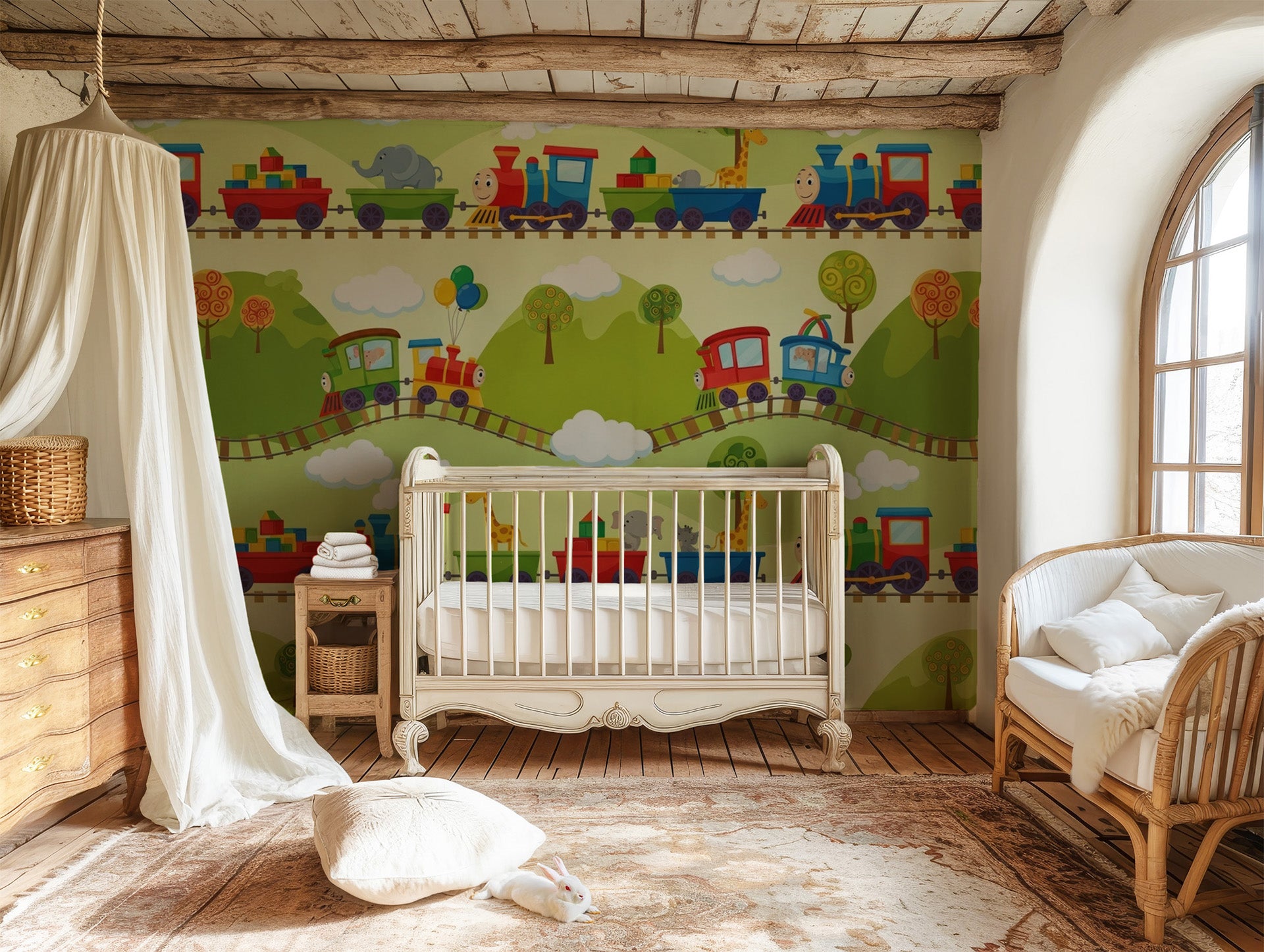 Children's room with a crib, colorful train mural on the wall, and wooden floor wallpaper