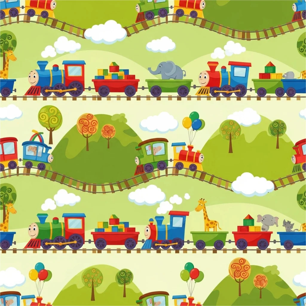A wallpaper featuring a brightly colored train motif, illustrated with cartoon wildlife and foliage against a lush green setting