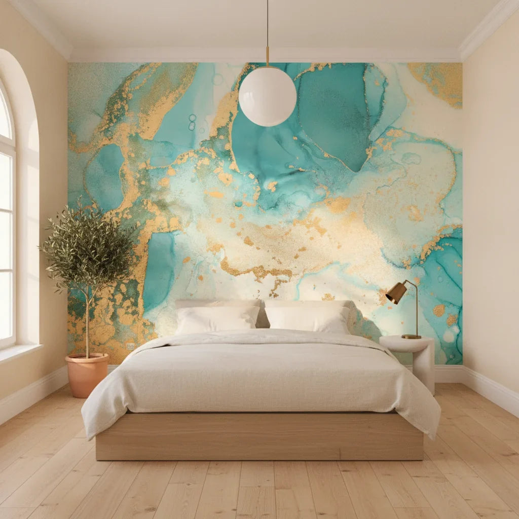 Aegean Marble serene turquoise gold marble in a warm and inviting living room