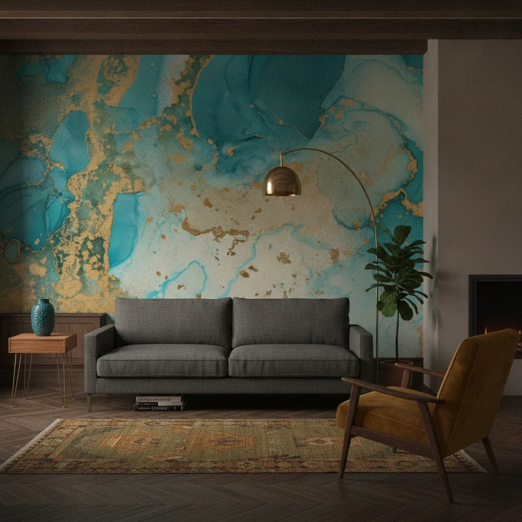 Aegean Marble serene turquoise gold marble adding character to a cozy bedroom