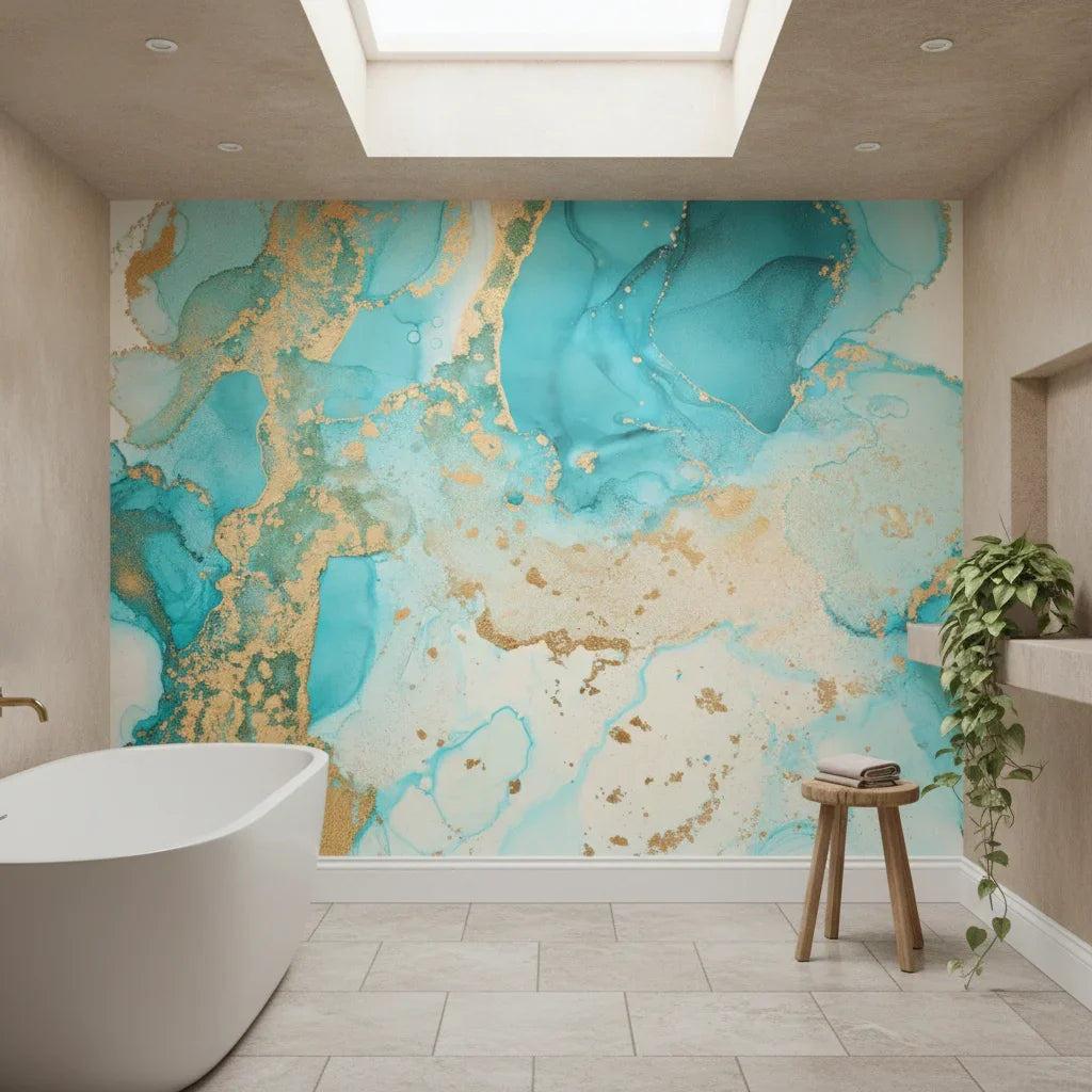 Aegean Marble serene turquoise gold marble as a feature wall in a bright home office