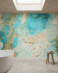 Aegean Marble serene turquoise gold marble as a feature wall in a bright home office