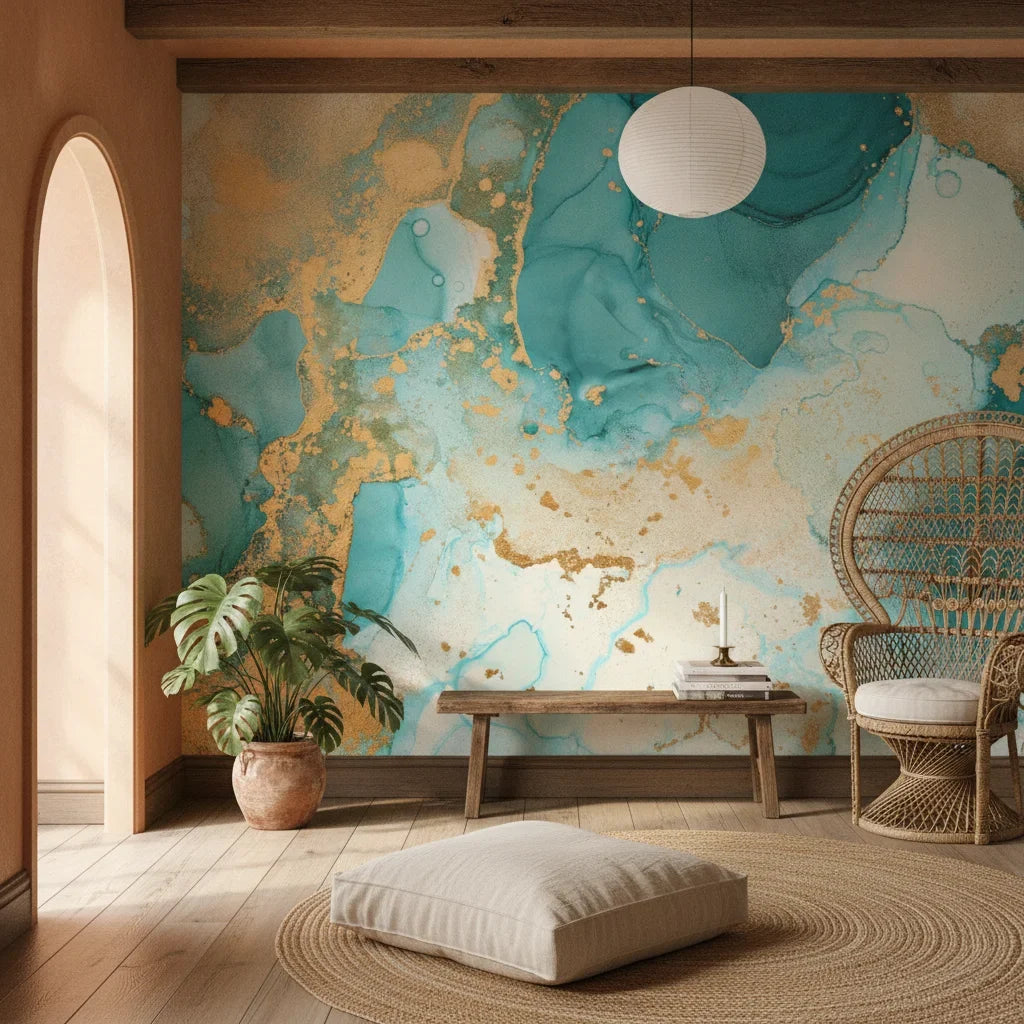 Aegean Marble serene turquoise gold marble creating ambiance in a serene bathroom