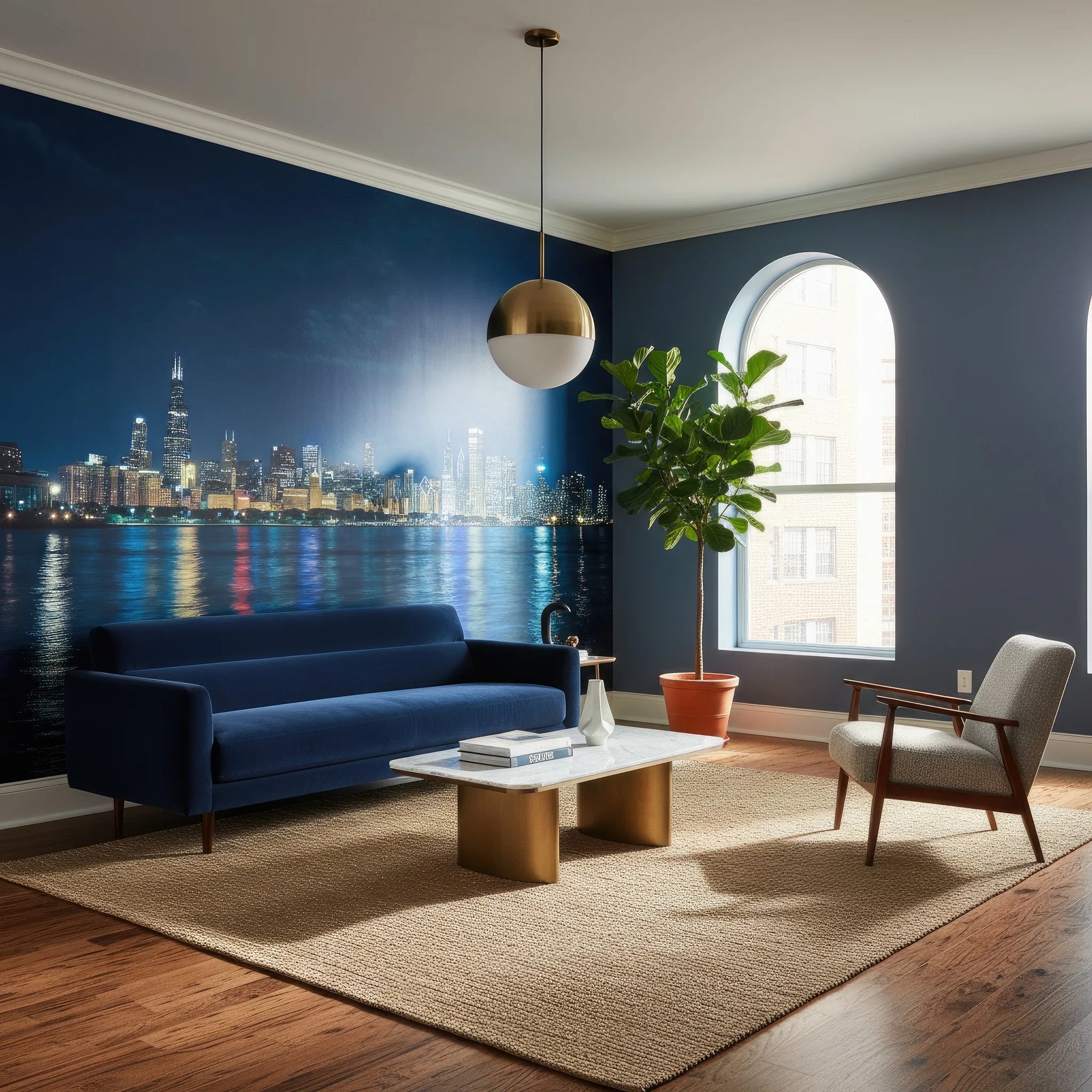 Chicago skyline After The Storm Passes wallpaper mural on modern living room accent wall at twilight