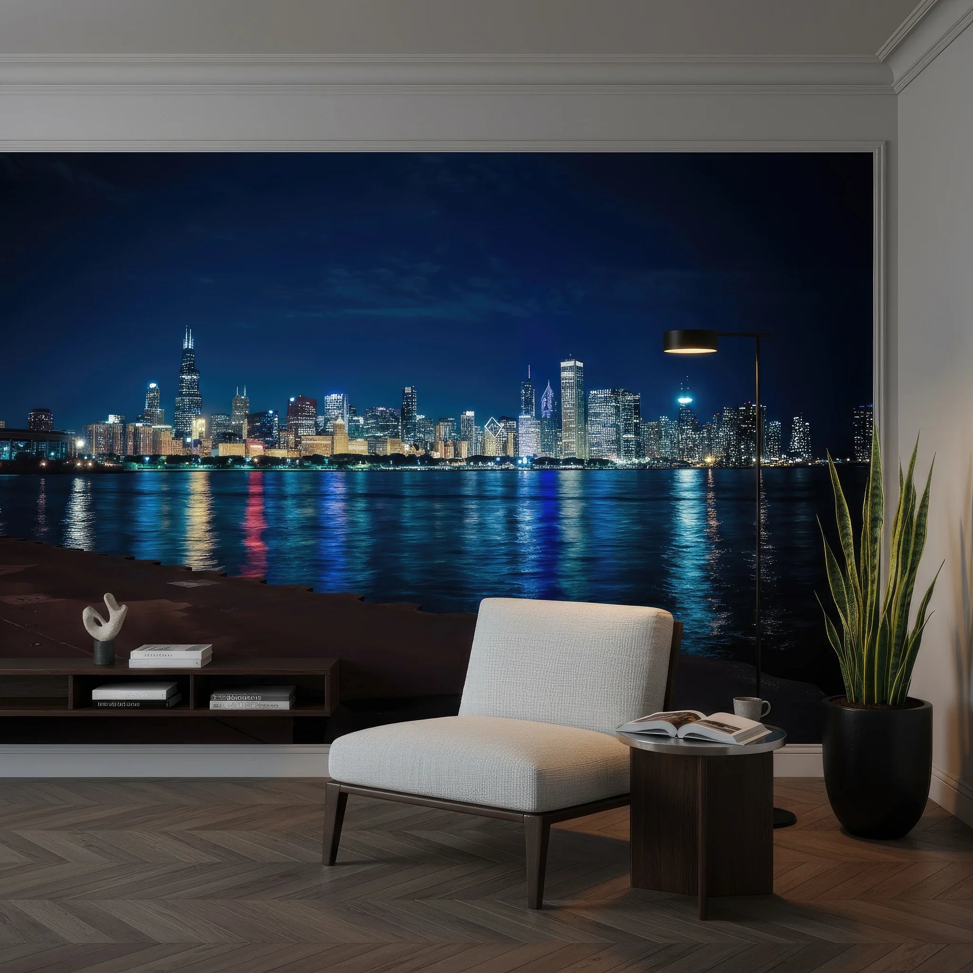 Chicago skyline After The Storm Passes wallpaper with blue water reflections in executive home office
