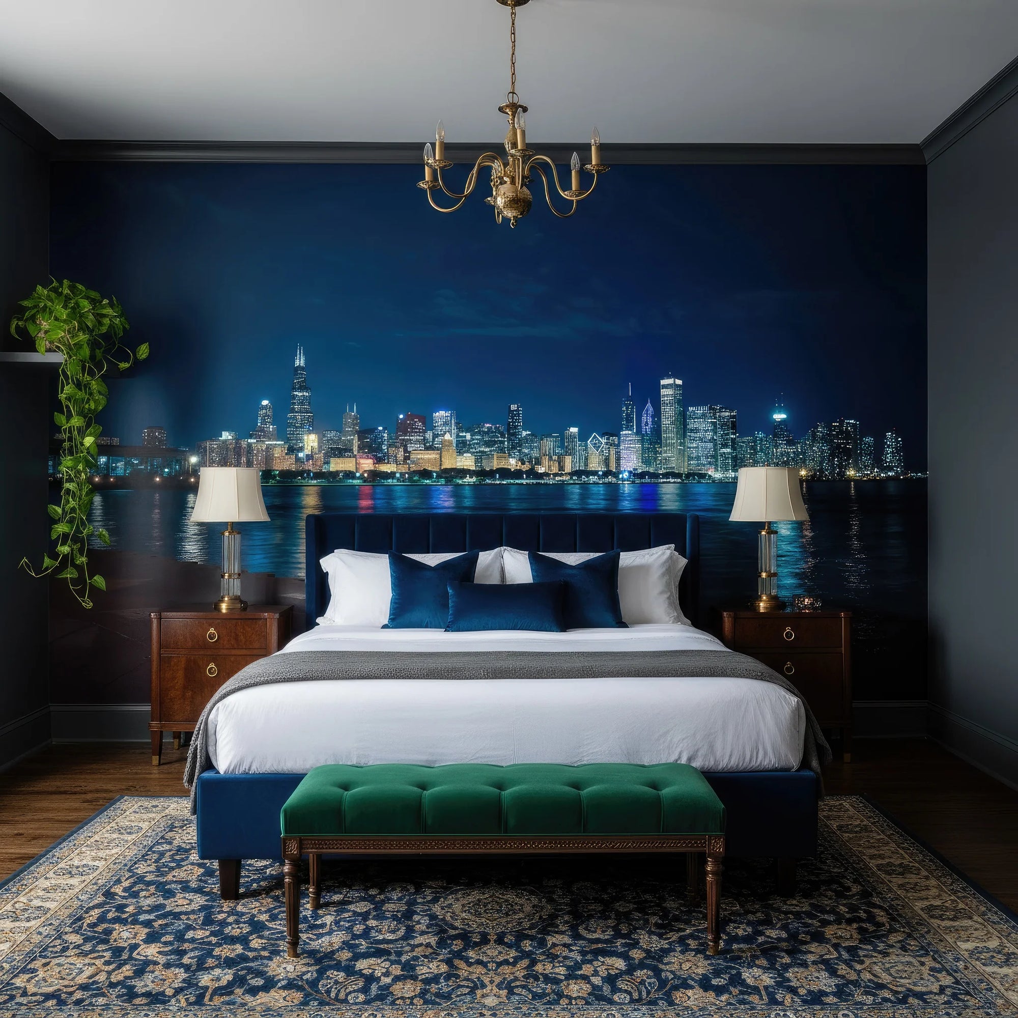 Chicago skyline at night with colorful reflections on water, After The Storm Passes removable wallpaper