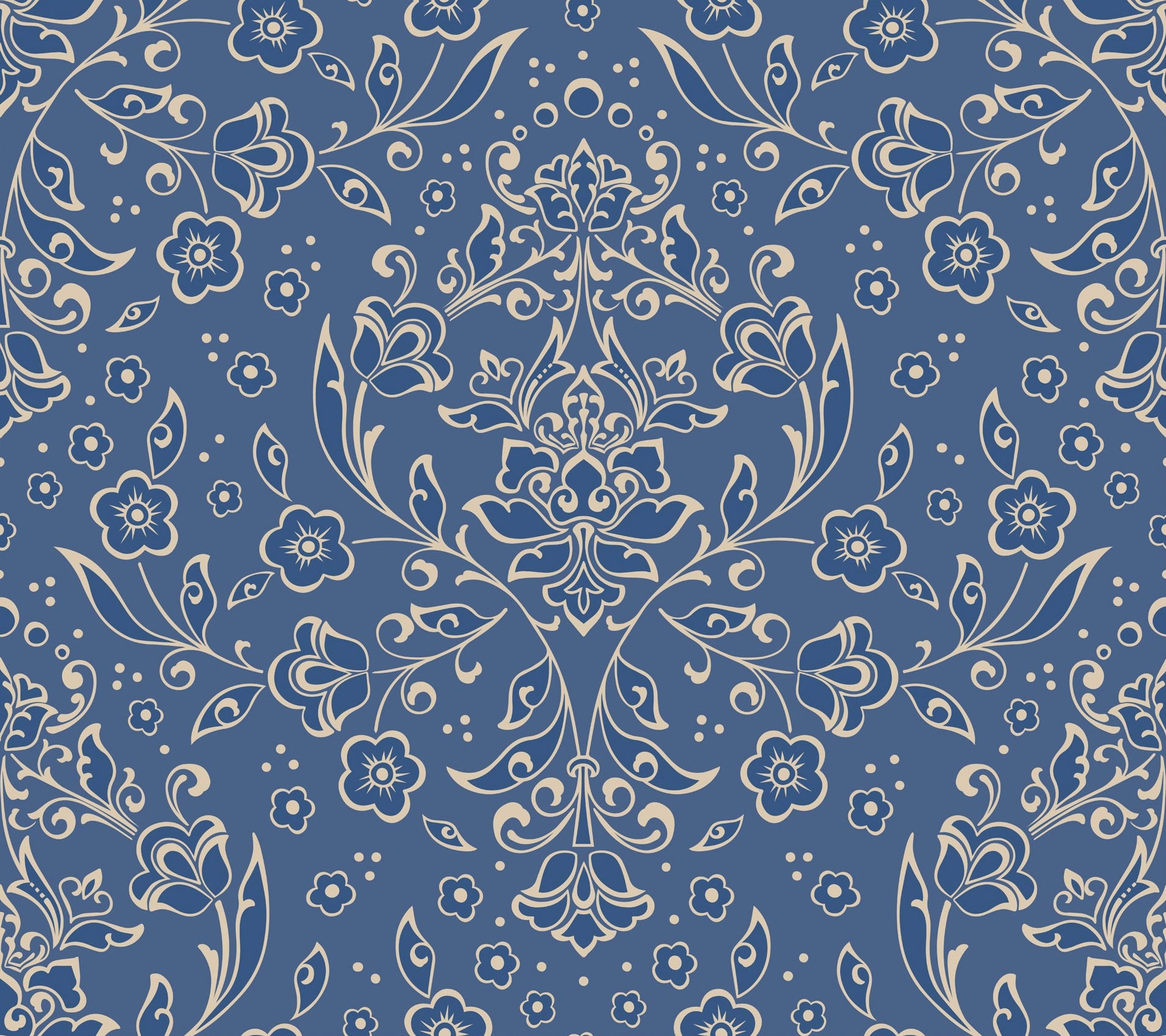 Decorative floral and leaf pattern on a blue background wallpaper