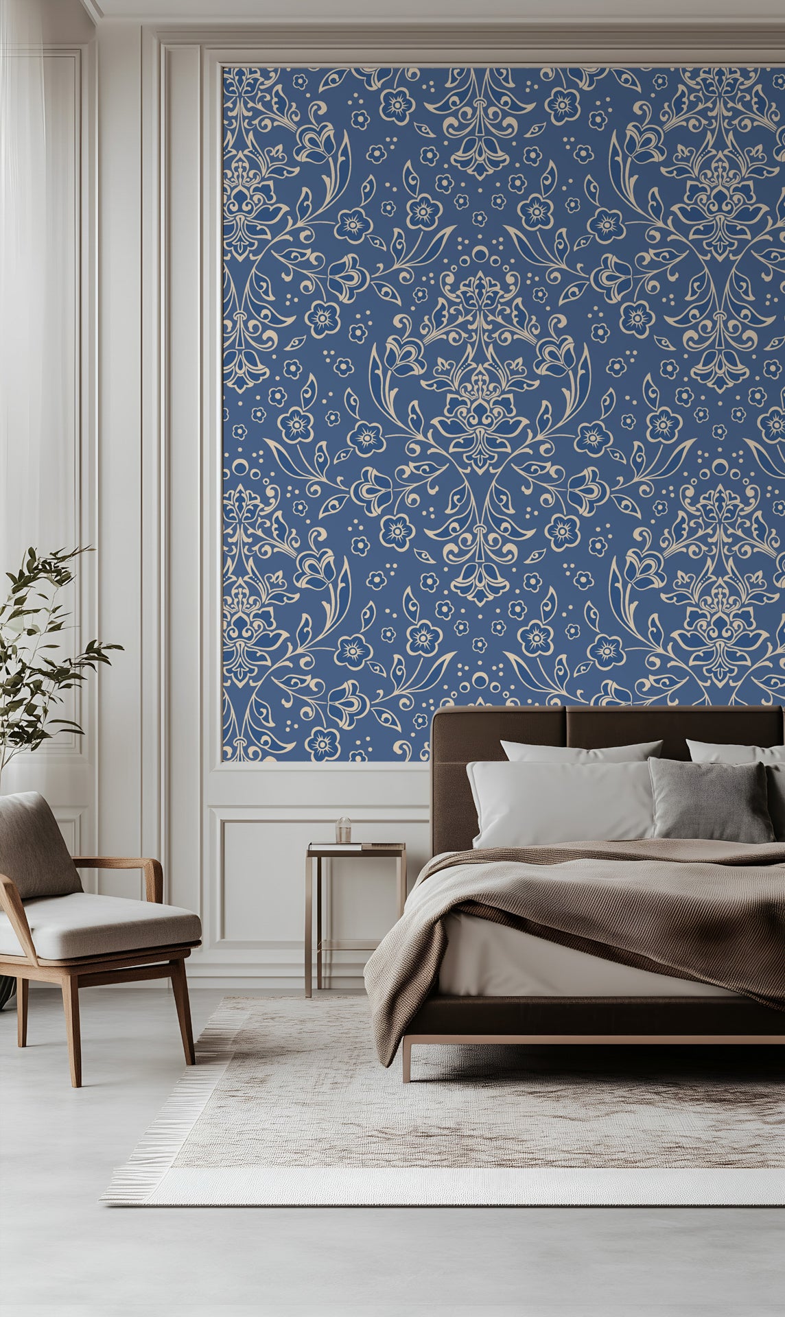 Traditional sage green damask with pink and blue floral accents for an inviting room.