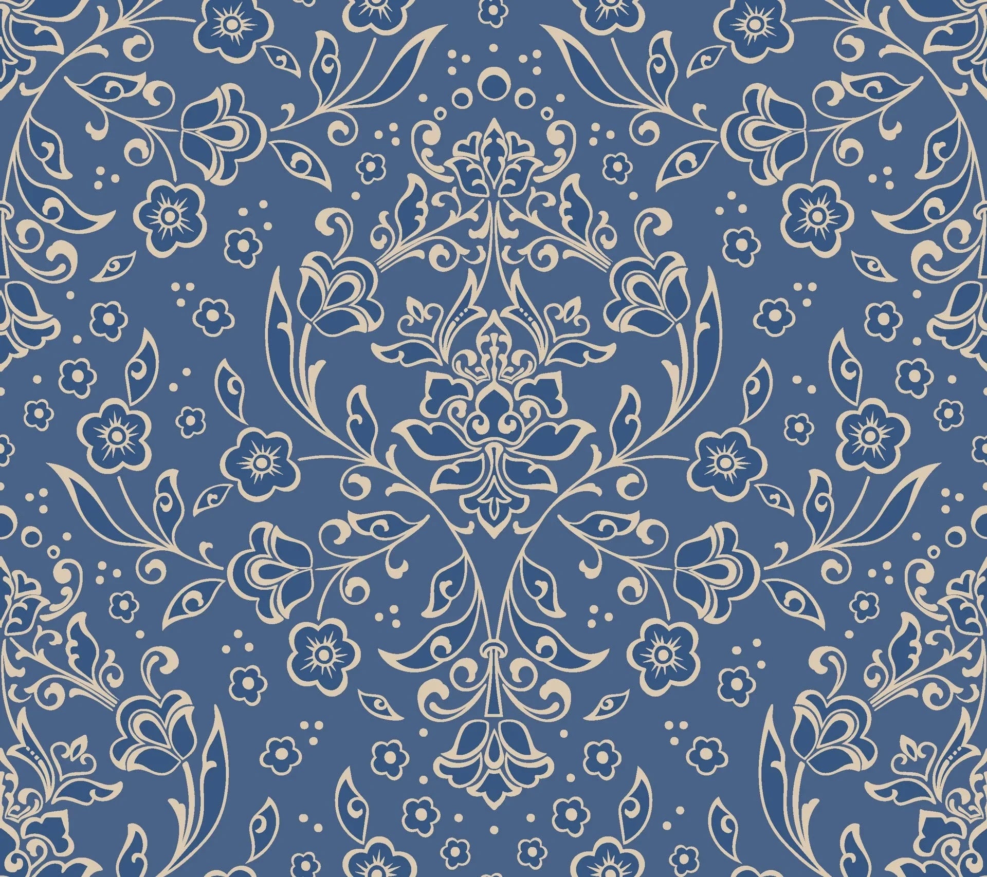 Victorian Afternoon Arbor wallpaper featuring ornate cream damask flourishes on dusty blue background