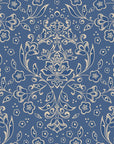 Victorian Afternoon Arbor wallpaper featuring ornate cream damask flourishes on dusty blue background