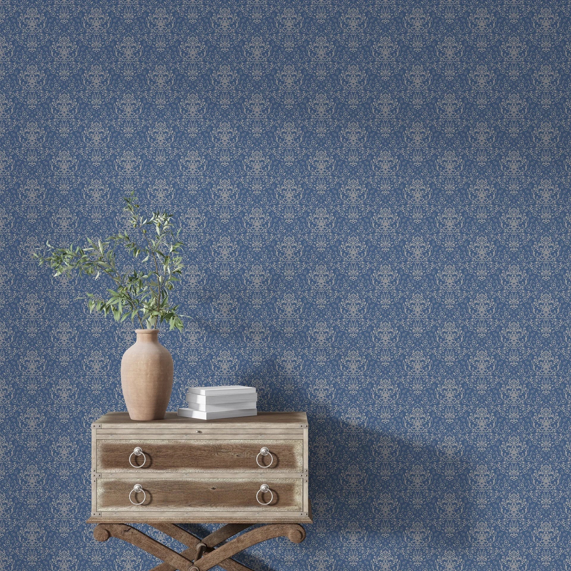 Navy and cream damask Afternoon Arbor peel and stick wallpaper in traditional living room setting