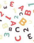 Educational wall covering featuring a vibrant, whimsical mix of letters and numbers