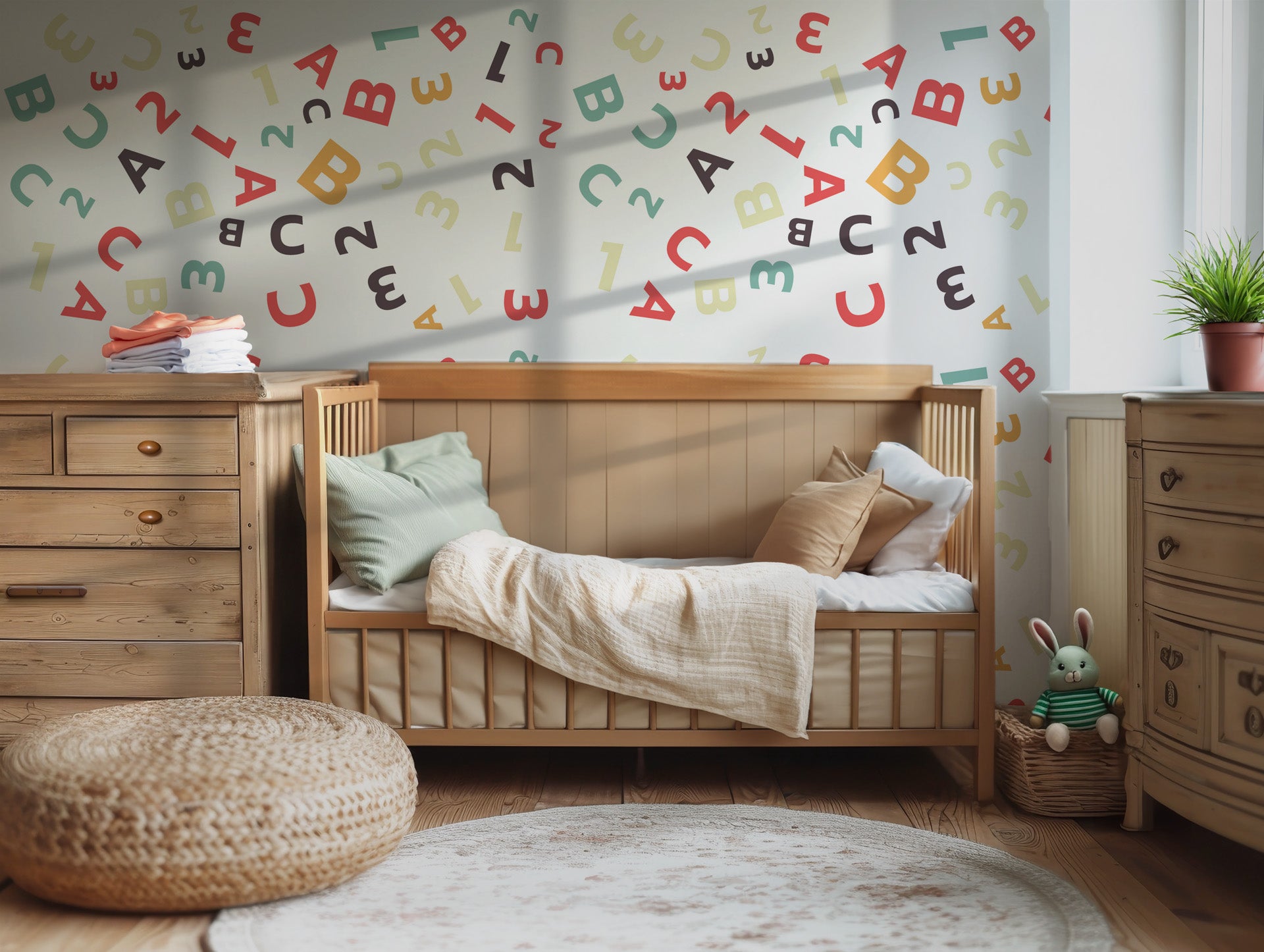 An intensely colorful, educational wall covering displaying a loose scattering of alphabetical and numerical symbols