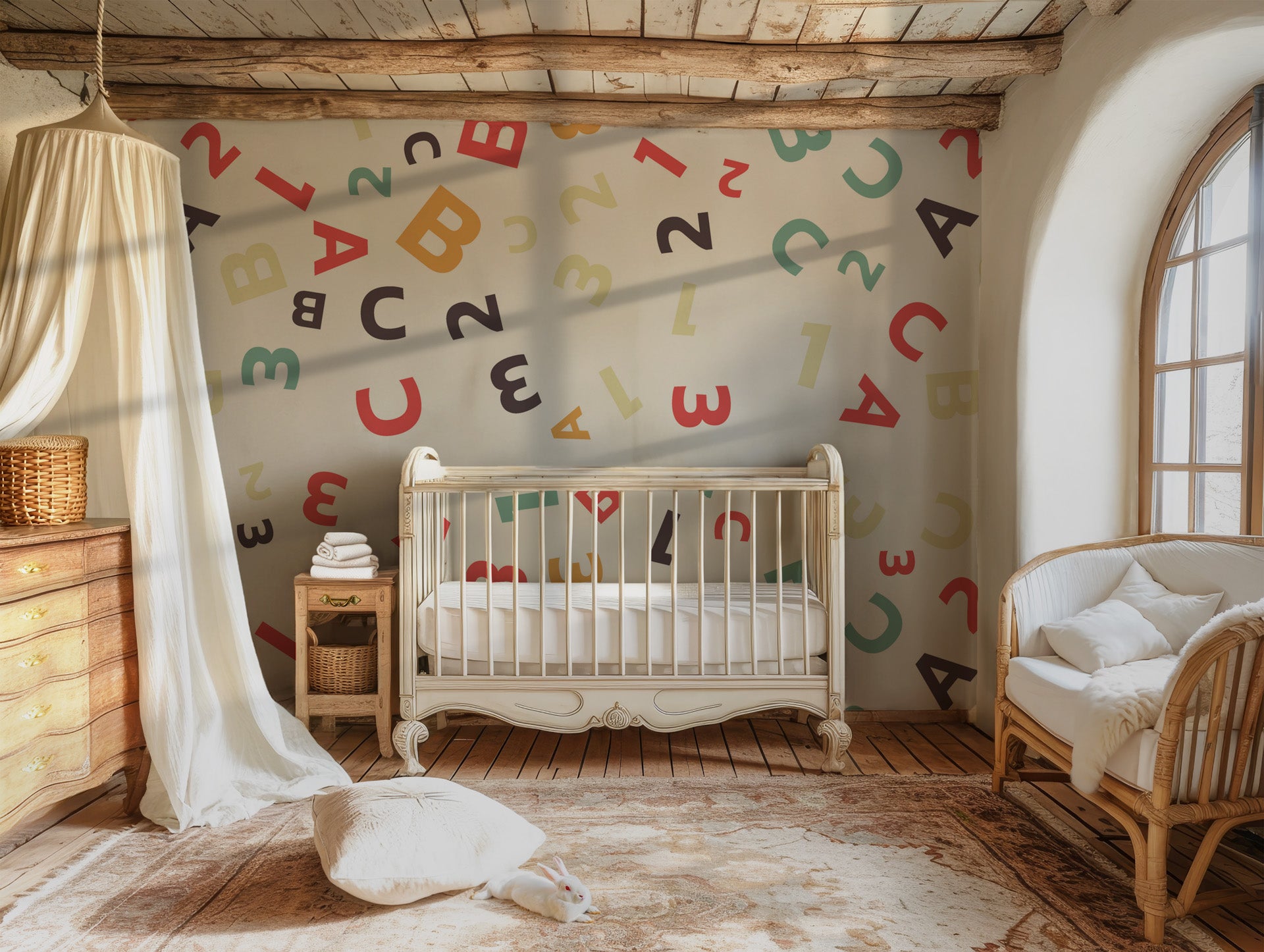 Letters and numbers are jumbled together on this decorative, multi-colored wall paper
