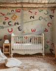 Letters and numbers are jumbled together on this decorative, multi-colored wall paper