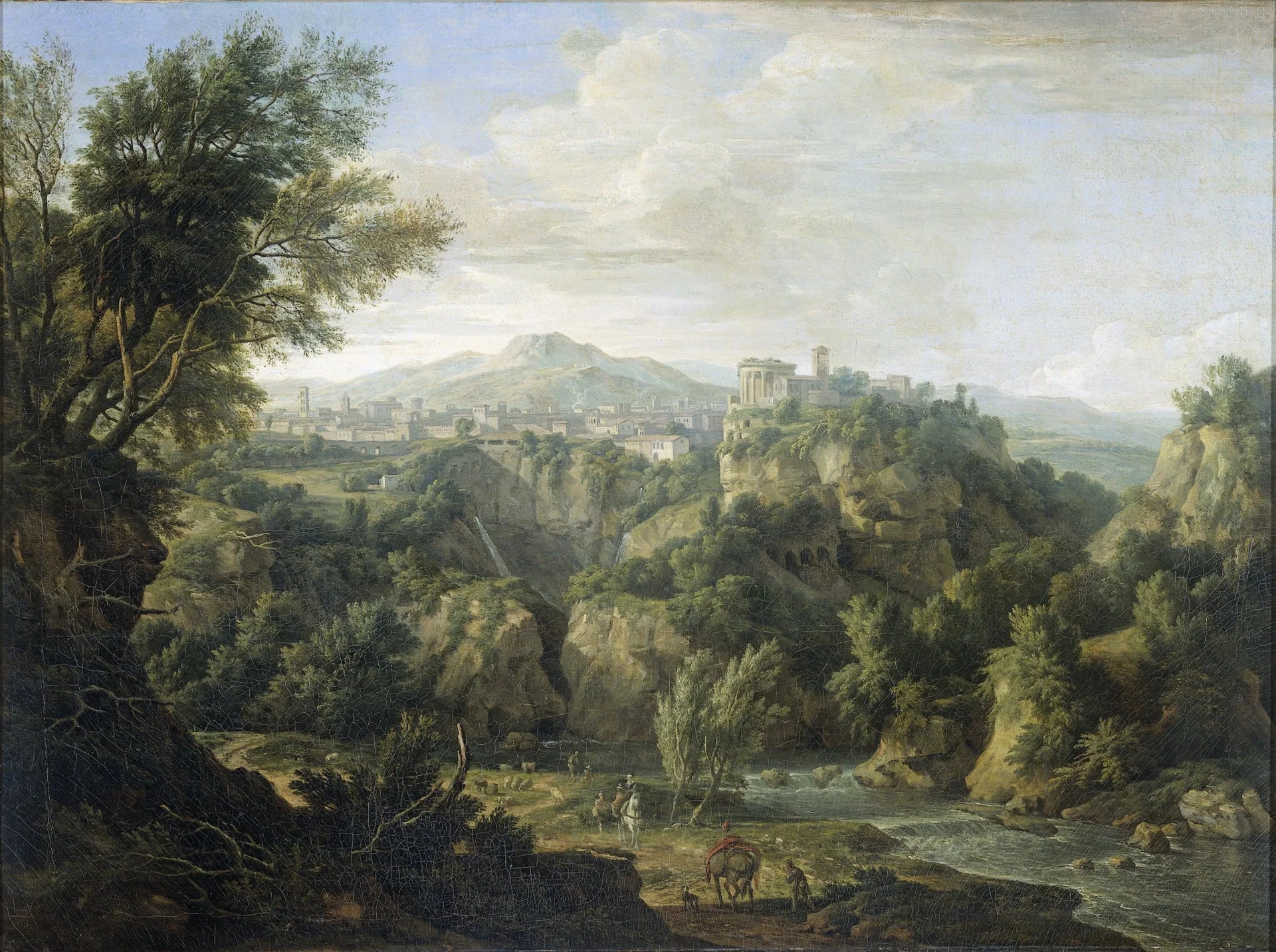 Classical Alpine Vista with River wallpaper showing pastoral landscape with hillside temple in muted greens and earth tones