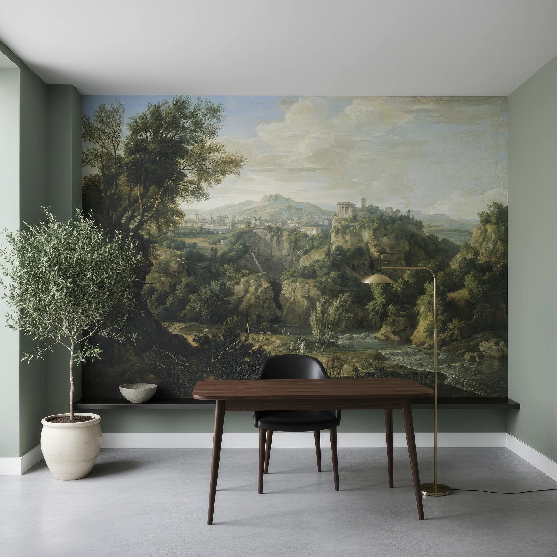 Classical landscape mural wallpaper featuring Alpine Vista with River in sage green and earth tones on dining room wall