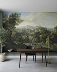 Classical landscape mural wallpaper featuring Alpine Vista with River in sage green and earth tones on dining room wall