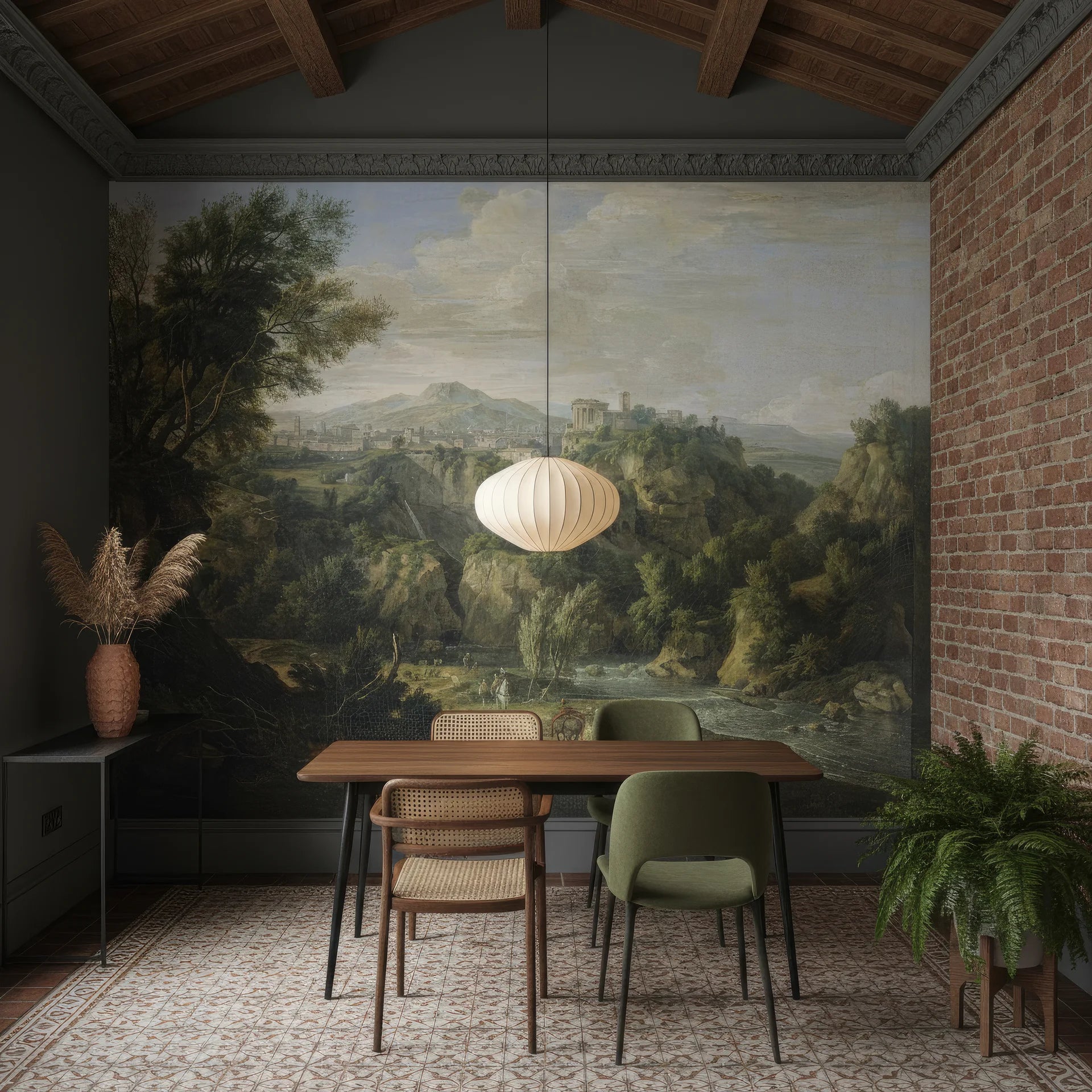 Classical Alpine Vista landscape mural wallpaper featuring river valley and hilltop ruins in dining room setting