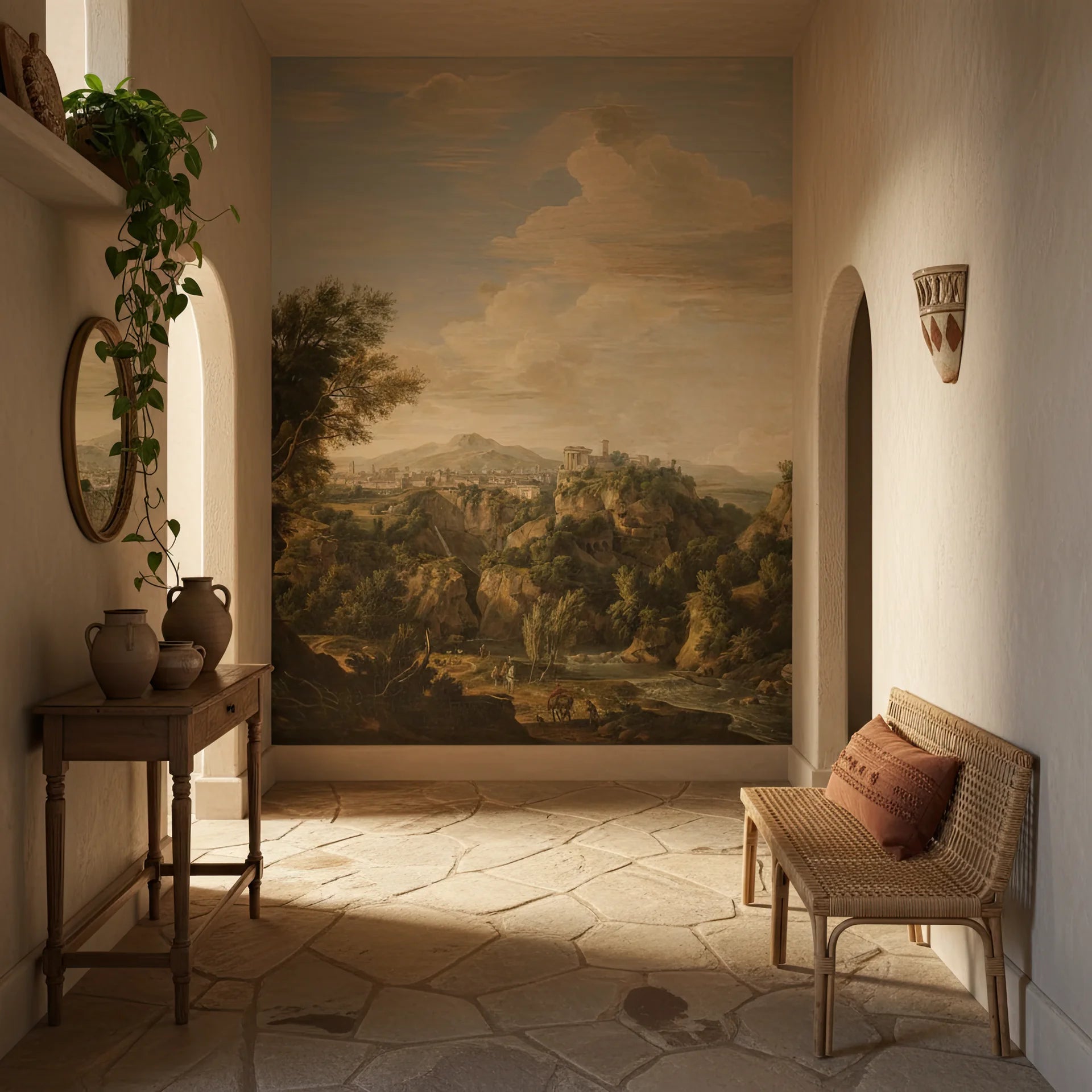 Classical Italian landscape mural wallpaper featuring hillside village and golden sunset tones in Mediterranean style