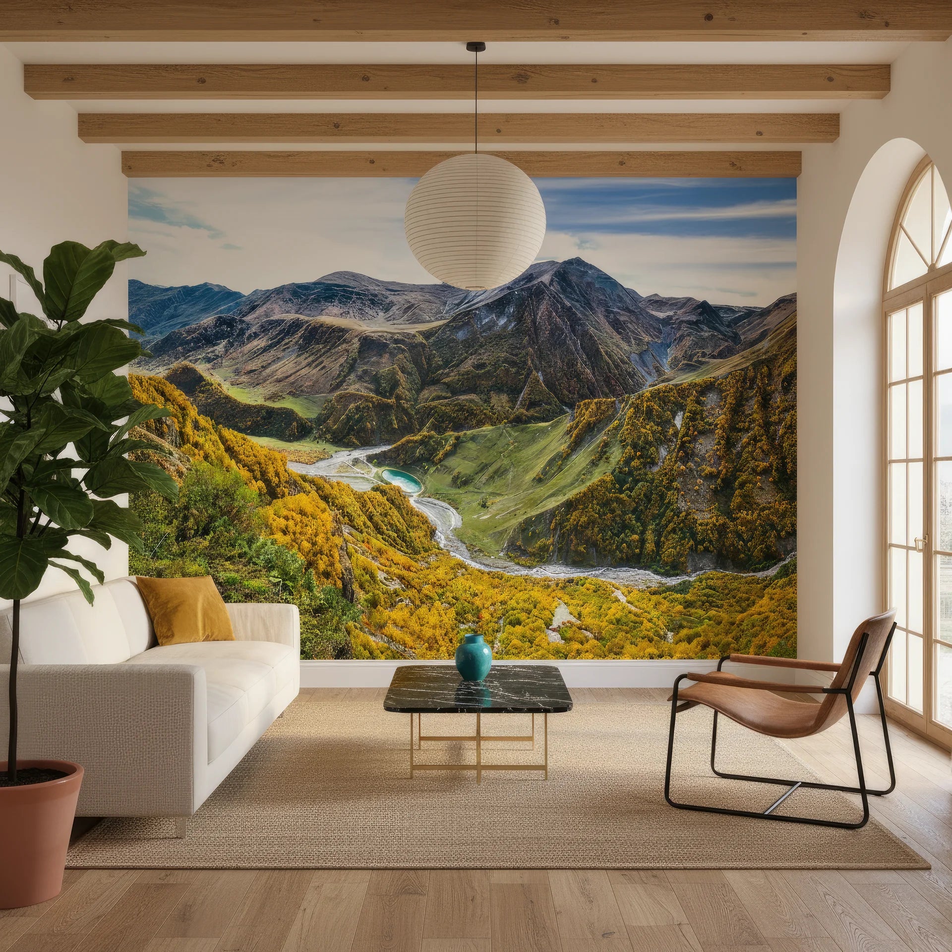 Textured golden larch mountain valley peel and stick wallpaper