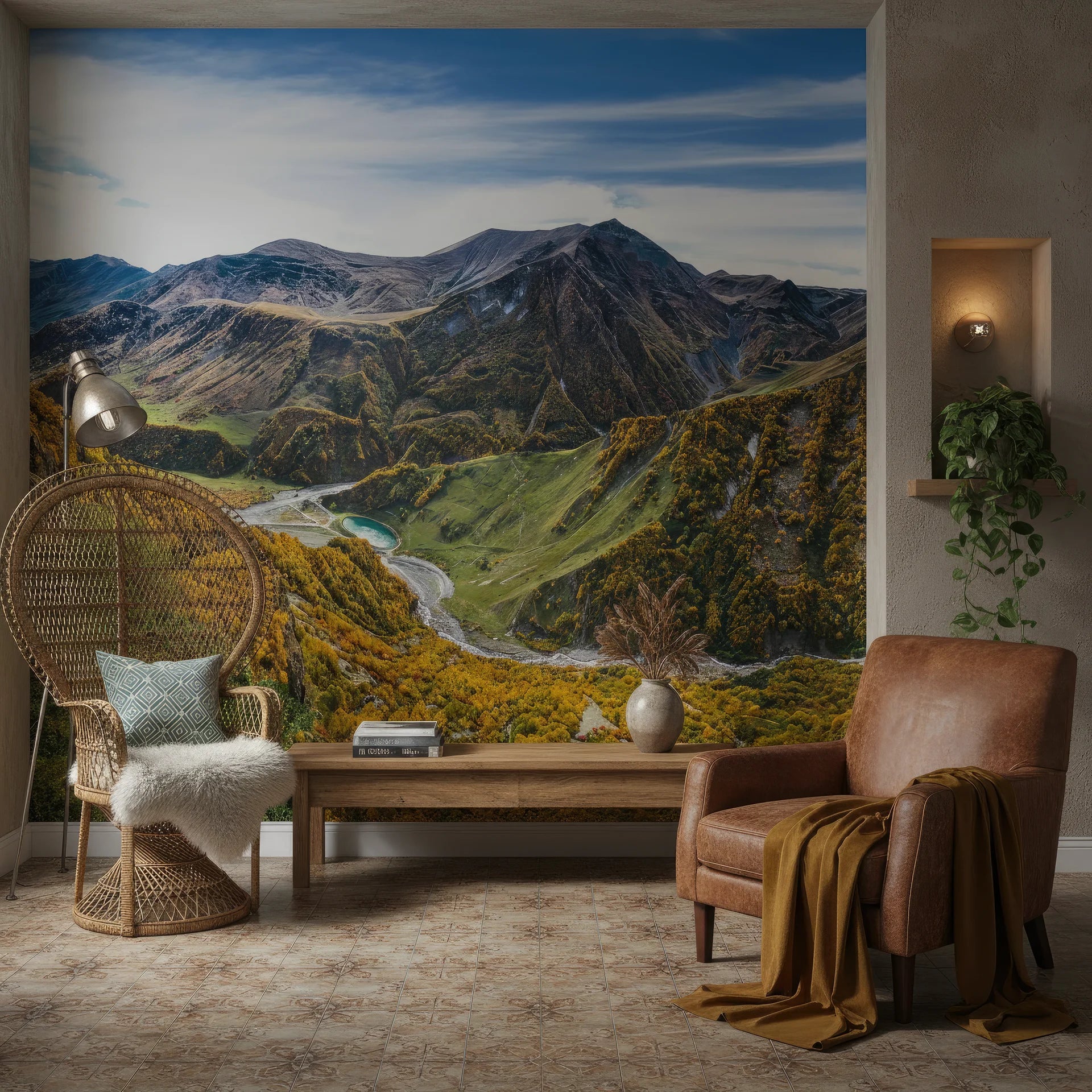 Scenic alpine panorama with layered peaks and golden forests on removable wallpaper