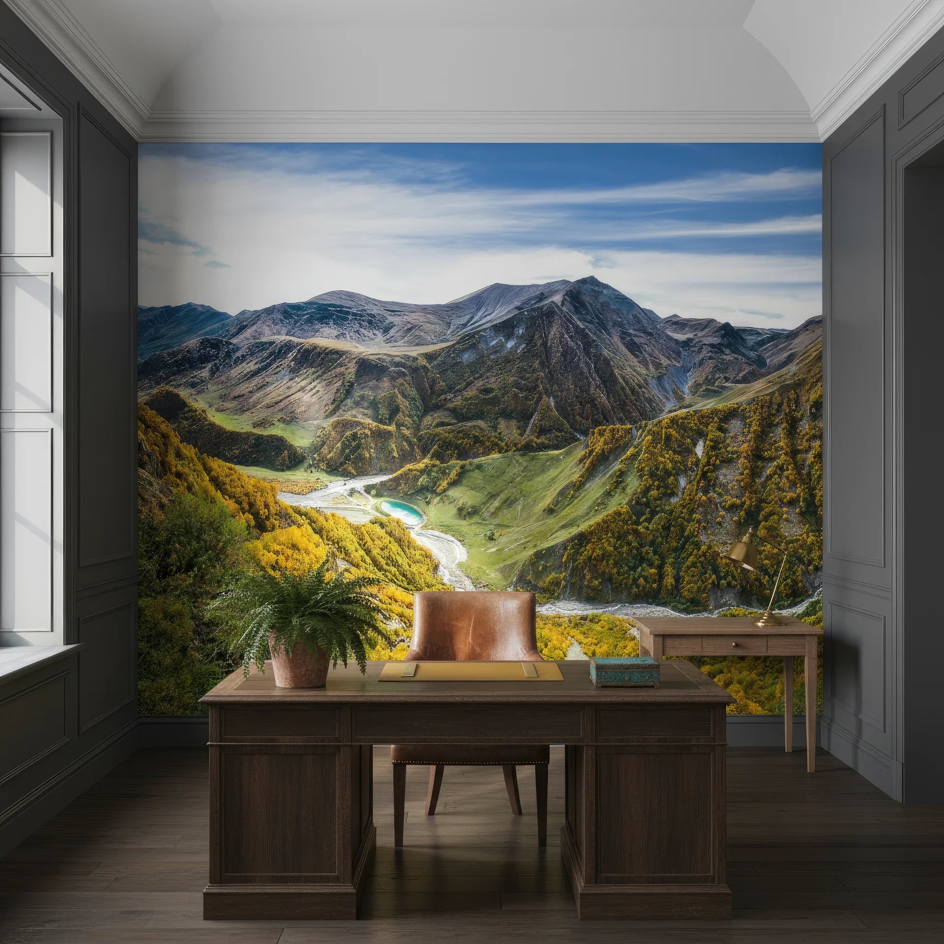 High-altitude vista with blue sky and golden terrain on peel and stick mural