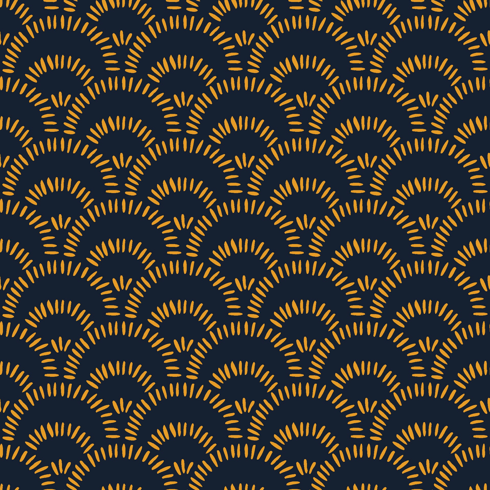 Self-adhesive wallpaper featuring a navy and gold geometric arch pattern, known as Amber Arches