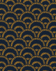 Self-adhesive wallpaper featuring a navy and gold geometric arch pattern, known as Amber Arches