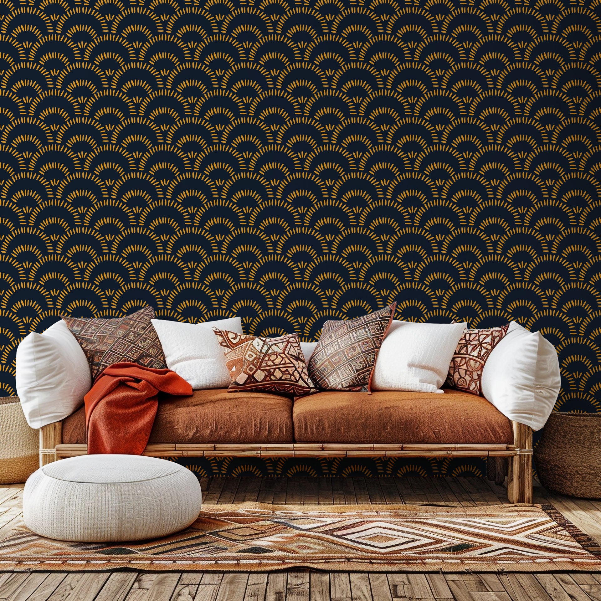 Self-adhesive wall covering named "Amber Arches" featuring a pattern of deep blue and golden geometric arches