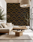 Geometric arch wallpaper in navy blue and gold, peel and stick, named Amber Arches