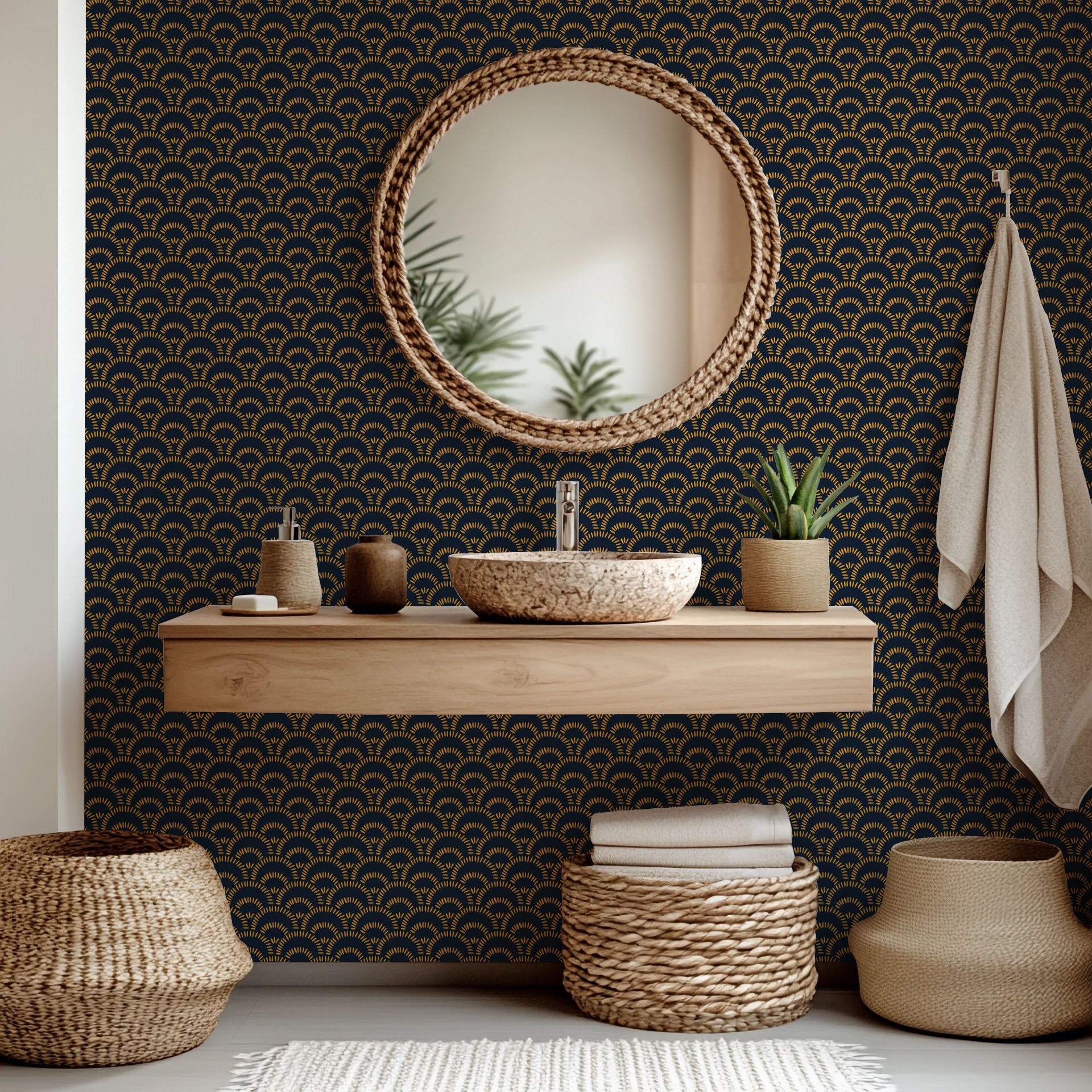 Navy and gold geometric arch peel-and-stick wallcovering featuring the Amber Arches design