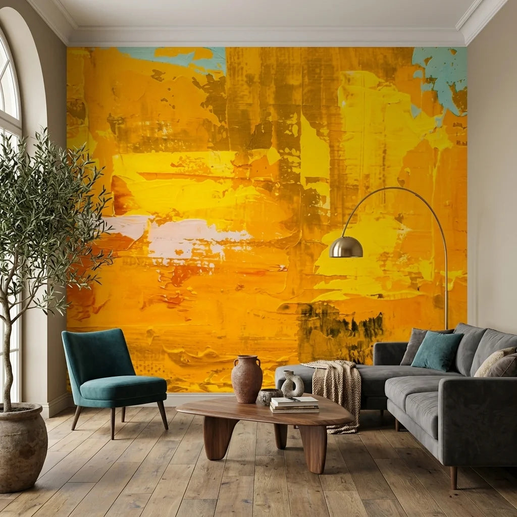 Textured golden yellow abstract expressionist peel and stick wallpaper - Amber Blaze