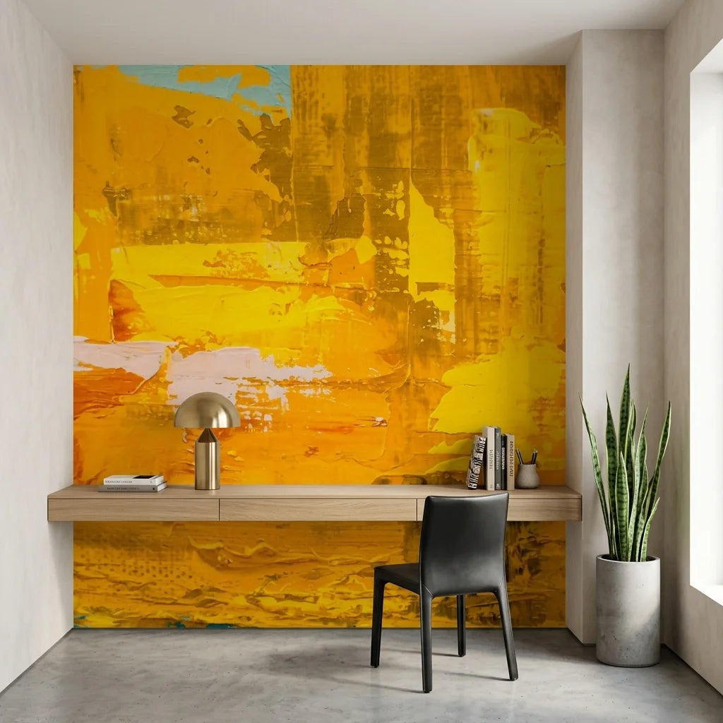 Amber Blaze golden abstract expressionist wallpaper in a warm and inviting living room