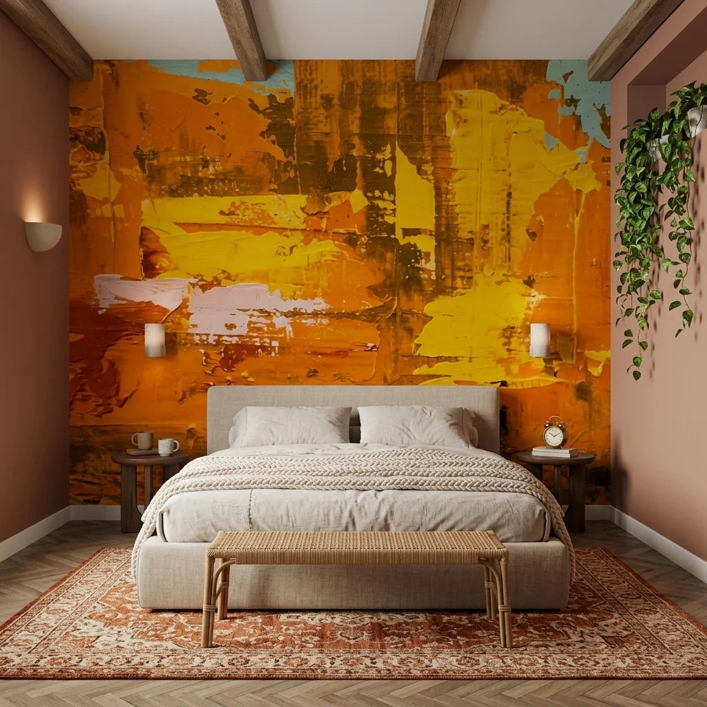 Amber Blaze golden abstract expressionist wallpaper adding character to a cozy bedroom