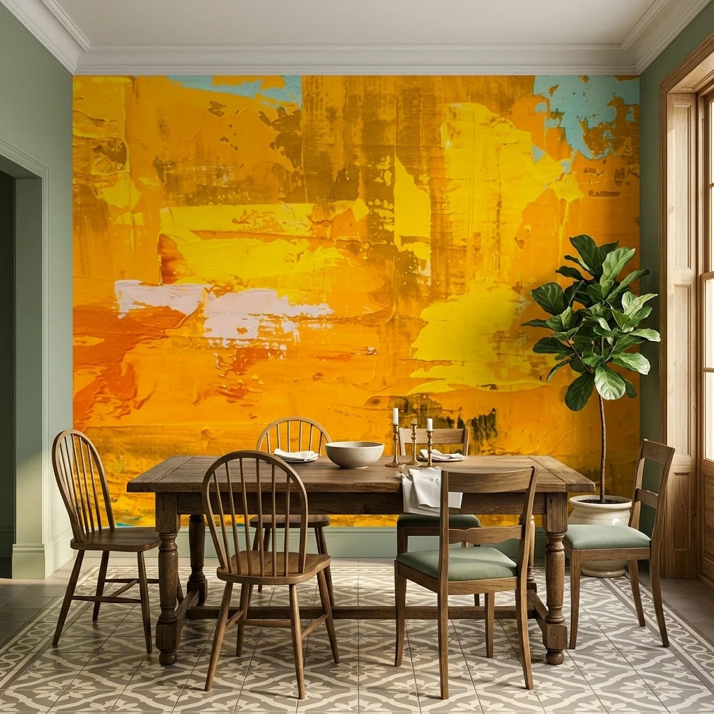 Amber Blaze golden abstract expressionist wallpaper as a feature wall in a bright home office