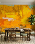 Amber Blaze golden abstract expressionist wallpaper as a feature wall in a bright home office