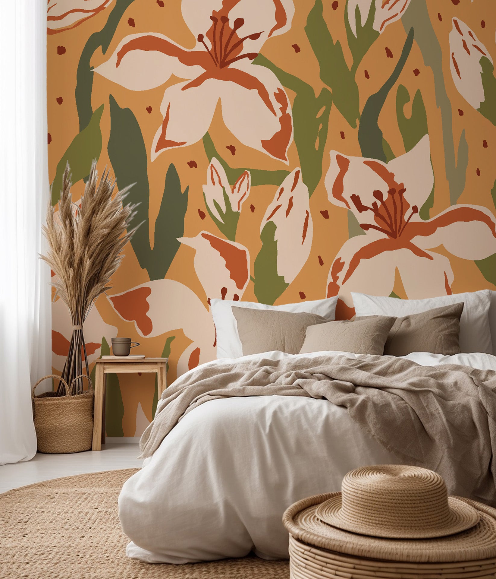 Stylized, sizable blooms rendered in a palette of deep amber and reddish-brown (terracotta) hues wallpaper