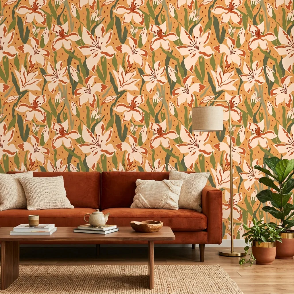 Amber Bloom autumnal floral wallpaper in a warm and inviting living room