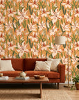 Amber Bloom autumnal floral wallpaper in a warm and inviting living room
