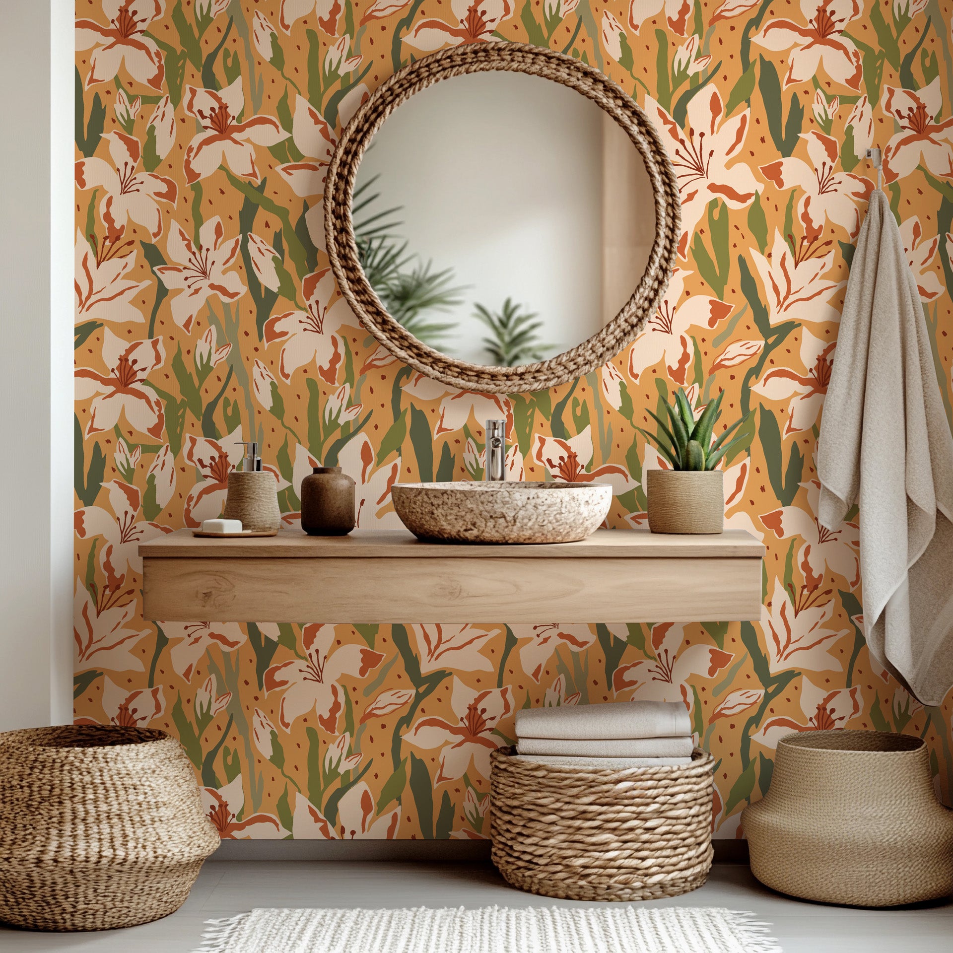 A warm botanical presentation of big, artistic flowers colored in shades of burnt orange and gold wallpaper