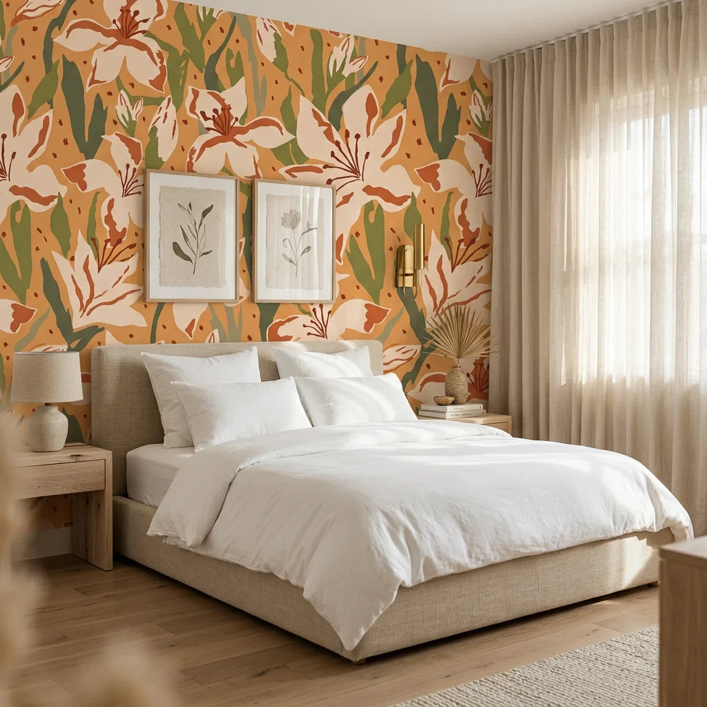 Amber Bloom autumnal floral wallpaper adding character to a cozy bedroom